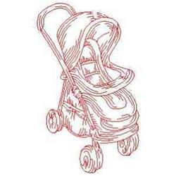 Redwork stroller outline featuring highlighted wheels, a curved hood, and a cozy seat in soft red.