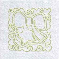 Redwork stylized bow with light green stitching, flanked by a star and swirling patterns on a pale background.