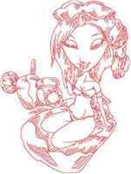 Redwork female figure joyfully sitting on a colorful float with a bright beach ball, embodying playful summer vibes.