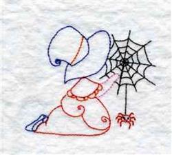 Redwork witch design with colorful dress next to a vibrant spiderweb and spider, perfect for Halloween decor.