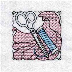Playful scissors on pink heart-patterned fabric, with a vibrant blue thread spool nearby. Ideal for sewing.