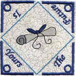 Elegant scroll design with blue borders, featuring decorative text 'Yours' and 'The' in a simple, modern style.