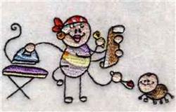 Playful cartoon character in a striped shirt joyfully holding a sewing pattern next to an iron, with a small creature on the