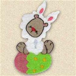 Cute sheep with bunny ears on a pink and green Easter egg, adorned with colorful dots in a playful, festive style.