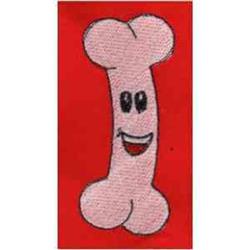 Playful cartoon bone in pink with a smiling face, set on a vibrant red background, perfect for kids.