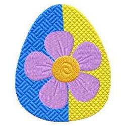 Stylized flower in Applique design with pink petals and yellow center, set within a vibrant Easter egg shape.