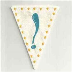 Decorative triangular flag with a blue exclamation mark, surrounded by yellow stars on a white background.