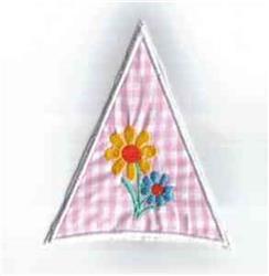 Triangular patch with a colorful pink gingham background showcases a yellow and blue flower, playful for spring.