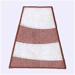 Applique decorative patch featuring a triangular shape in alternating red and white sections, minimalist design.