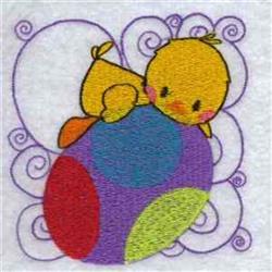 Playful yellow chick perched on a colorful egg, featuring vibrant blue, purple, and green hues, perfect for Easter.