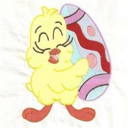 Cheerful yellow chick holding a vibrant purple and pink Easter egg. Playful cartoon style perfect for spring festivities.