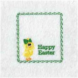 Playful yellow chick with a green bow and 'Happy Easter' text inside a decorative green border, Easter theme.