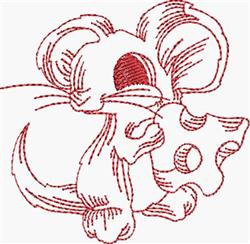 Redwork mouse with large ears joyfully holding cheese, outlined in bold red, playful style.