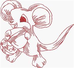 Redwork mouse with large ears and a curly tail, holding a ball with a cheerful expression on a white background.