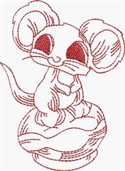 Redwork mouse with large ears and oversized eyes, outlined in red, exudes a whimsical charm.