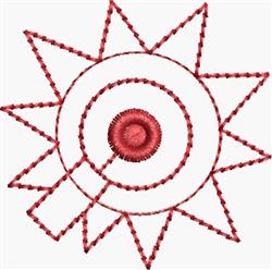 Redwork sun motif with circular center, vibrant red pointed rays, and bold stitching in a simple cartoon style.