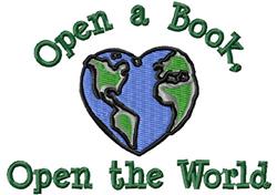 Colorful heart with a globe illustration featuring North and South America, with playful text 'Open a Book, Open the World.'