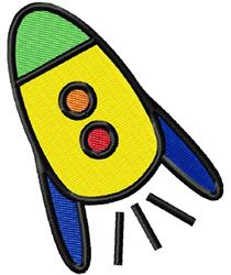 Cartoon rocket with a bright yellow body, green top, and blue fins, featuring red and orange accents.
