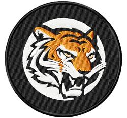 Fierce tiger in vibrant orange and white, detailed within a bold black circular backdrop for striking realism.