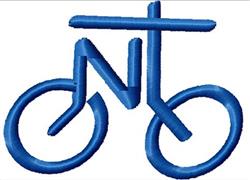 Modern bicycle design in bold blue lines with circular wheels and geometric shapes, perfect for tote bags.
