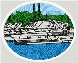Colorful boats moored at a dock, vibrant trees framing a serene water scene, illustrated in bold lines.