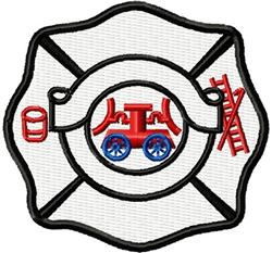 Firefighter emblem featuring a red and blue fire truck, fire hose, and ladder, highlighted with bold black stitching.