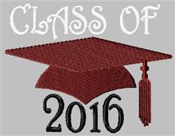 Graduation cap in bold maroon with tassel and decorative text 'CLASS OF' 2016, celebrating achievement.