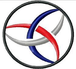 Abstract design with intertwined elements in red, white, blue, and gray, set within a circular black outline.