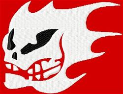 Bold skull with sharp teeth engulfed in dynamic flames on a vibrant red background, perfect for gothic embroidery.