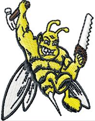 Playful worker bee in cartoon style, wielding a hammer and saw with bold black outlines and vibrant yellow color.