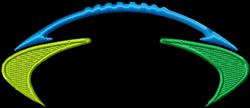Abstract shape with a blue arc, green wings, and yellow accents, creating a vibrant modern design.