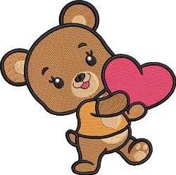 Cute bear in an orange shirt holding a pink heart, perfect for Valentine's Day gifts. Adorable and vibrant design.