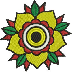 Bold flower design featuring yellow and red petals, green leaves, and a striking central circle, suitable for decorative appl