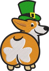Playful Corgi in a leprechaun hat, showcasing vibrant orange fur and a white clover. Perfect for St. Patrick's Day!