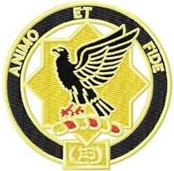 Bold eagle emblem in flight, detailed with black and yellow threads, featuring 'ANIMO ET FIDE' text and a star.