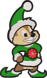 Festive cartoon chipmunk in a bright green outfit with a red ornament, cheerful expression for Christmas.