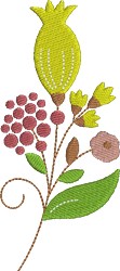 Whimsical floral design featuring a green flower bud, pink blossoms, and red berries amidst delicate leaves.