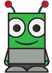 Playful cartoon robot with a green body, gray details, large expressive eyes, and red antennae, ideal for kids.