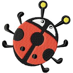 Cartoon ladybug with a red body, black spots, and yellow antennae in a playful design.