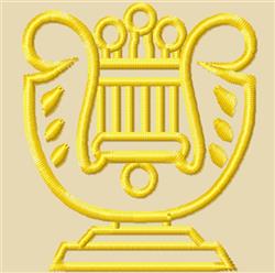 Yellow musical lyre with smooth curves and symmetrical design, elegantly embroidered on a neutral beige background.