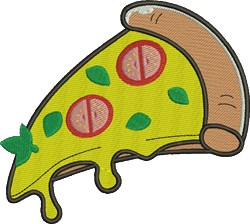Vibrant pizza slice with melting cheese, pepperoni, and basil leaves, showcasing its playful design.