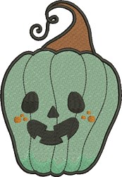 Whimsical green pumpkin with a playful skull face, black eyes, and a brown stem, perfect for Halloween decor.