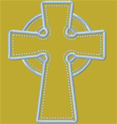 Simple cross outlined in light blue, centered in a circle on a yellow background, perfect for minimalist embroidery.