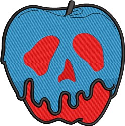 Cartoonish skull apple in blue with red accents, dripping red details, bold design for quirky decor.