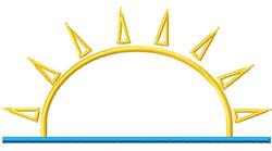 Stylized sun with elongated yellow rays over a light blue horizon, featuring a clean and modern design.