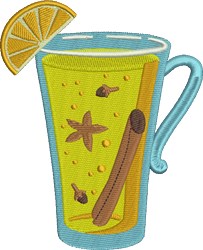 Colorful beverage in blue glass, featuring yellow liquid, lemon slice, and cinnamon stick. Perfect for summer kitchen towels.