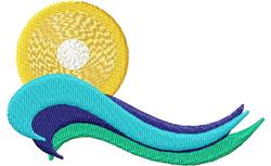 Sun and wave design with a textured yellow sun above vibrant blue and green flowing waves, modern and colorful.