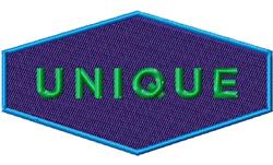 Unique text in bright green against a hexagonal purple background with meticulous bold stitching and a blue outline.