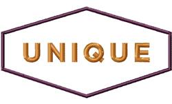 Minimalist 'UNIQUE' lettering in warm brown with dark burgundy outline, framed in a hexagonal shape.