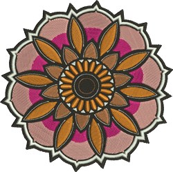 Vibrant flower with multi-layered petals in orange, pink, and brown, showcasing detailed embroidery.
